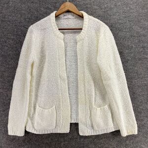 Monarch Knits Cardigan Women M Medium White Knit Open Front Crew Neck Pockets